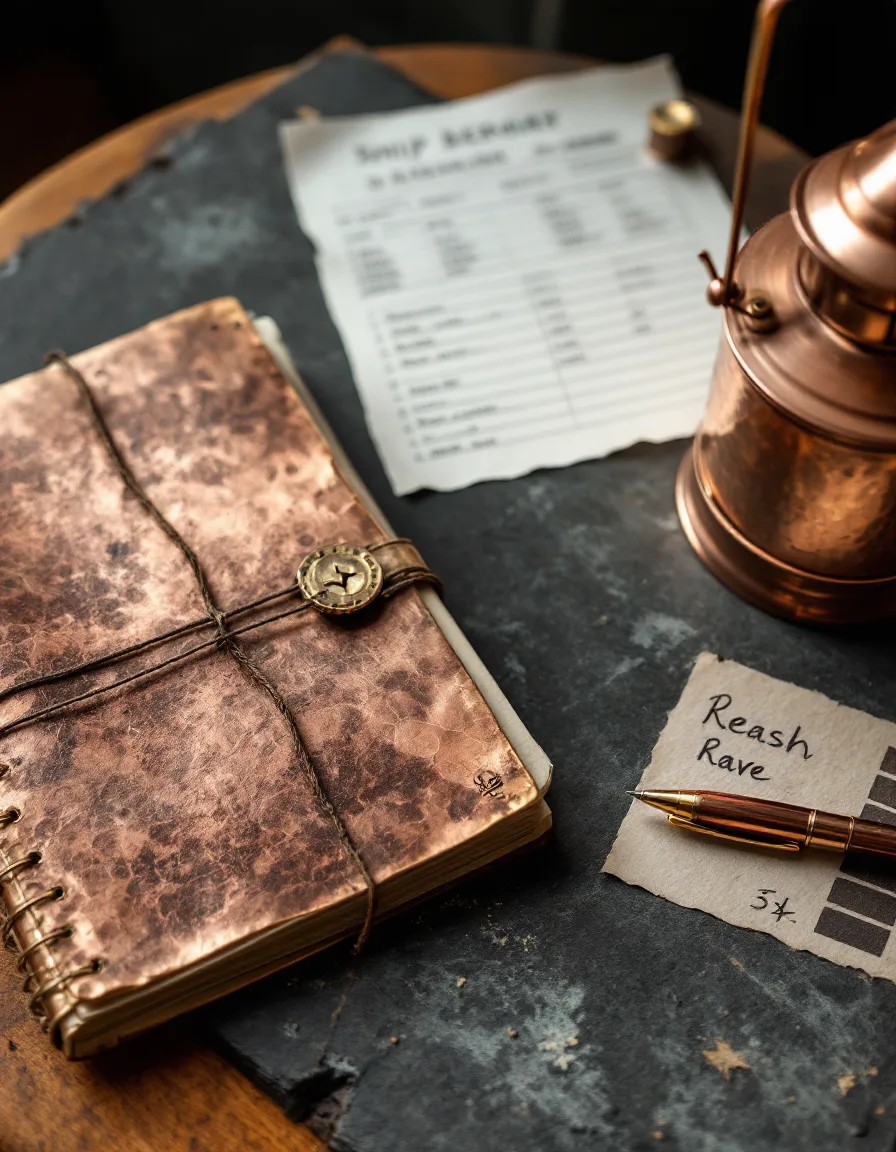 A copper lantern glowing beside a hand-written ledger on a charcoal desk